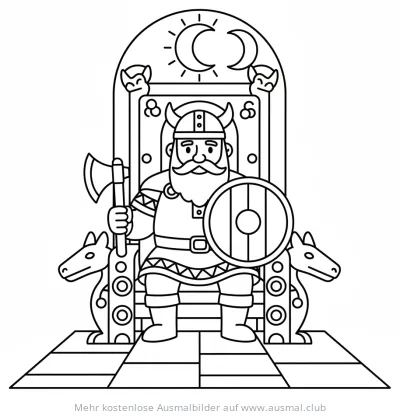 Wikinger König mit Axt auf Thron Ausmalbild