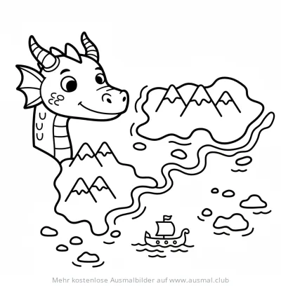 Wikinger Drache blickt auf eine Karte mit Bergen und Wikingerschiff Ausmalbild