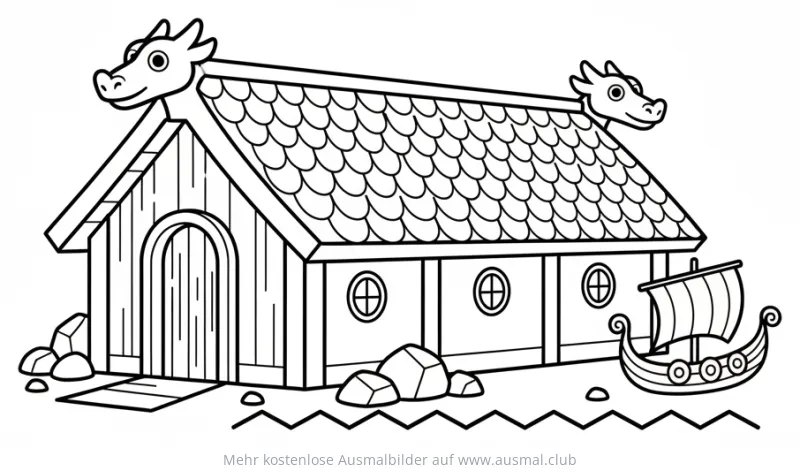 Wikinger Langhaus mit Schiff Ausmalbild