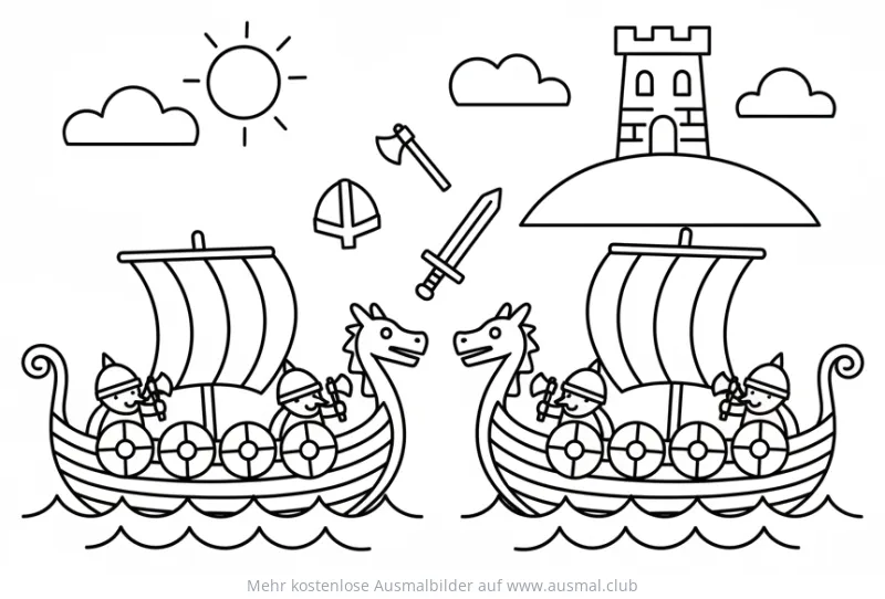 Wikinger Schlacht mit Booten und Burg Ausmalbild