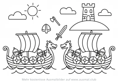 Wikinger Schlacht mit Booten und Burg Ausmalbild