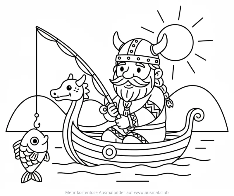 Wikinger angelt im Boot mit Drachenkopf Ausmalbild
