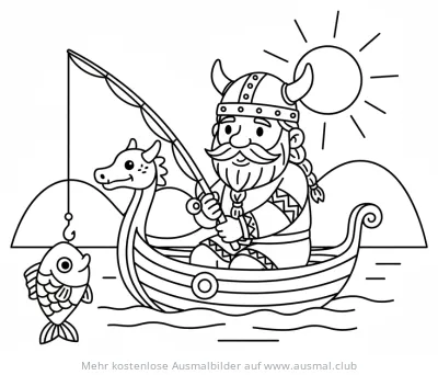 Wikinger angelt im Boot mit Drachenkopf Ausmalbild