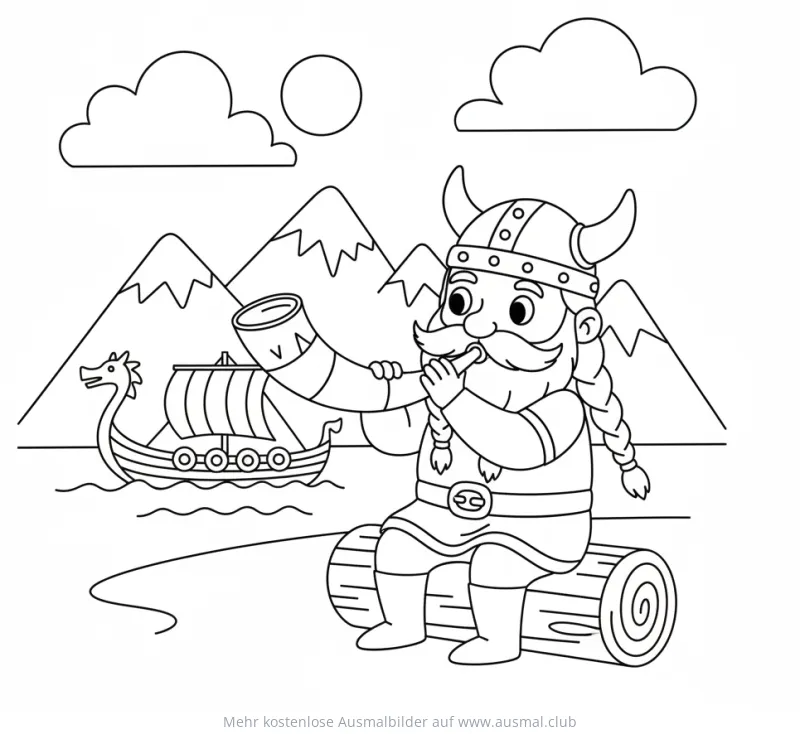 Wikinger bläst Horn vor Wikingerschiff Ausmalbild