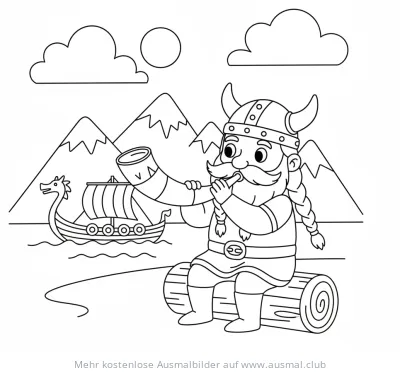 Wikinger bläst Horn vor Wikingerschiff Ausmalbild