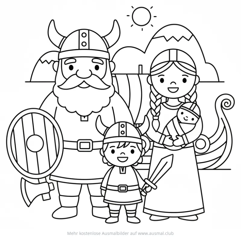 Wikinger Familie mit Kind und Baby Ausmalbild