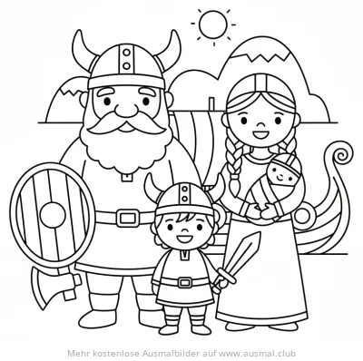 Wikinger Familie mit Kind und Baby Ausmalbild