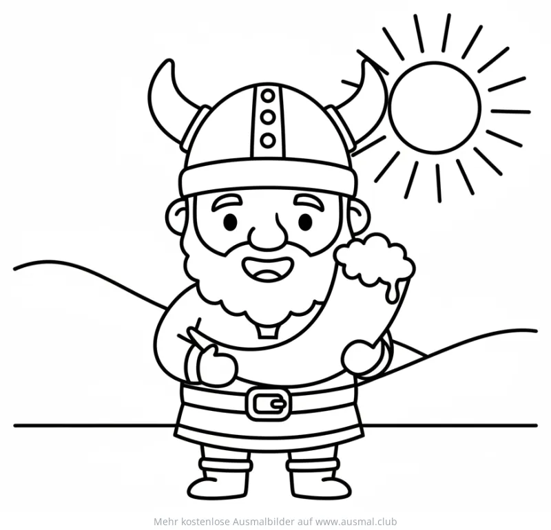 Wikinger mit Trinkhorn Ausmalbild vor Hügellandschaft