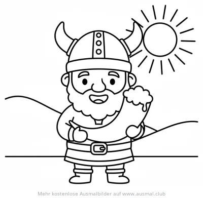 Wikinger mit Trinkhorn Ausmalbild vor Hügellandschaft