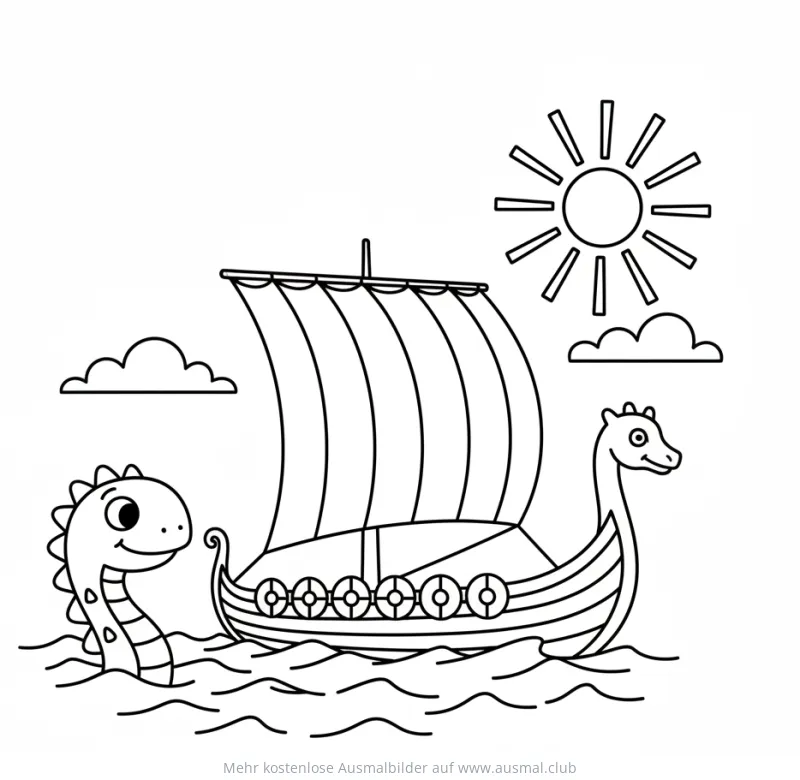 Wikingerboot mit Seemonster Ausmalbild