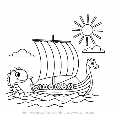 Wikingerboot mit Seemonster Ausmalbild