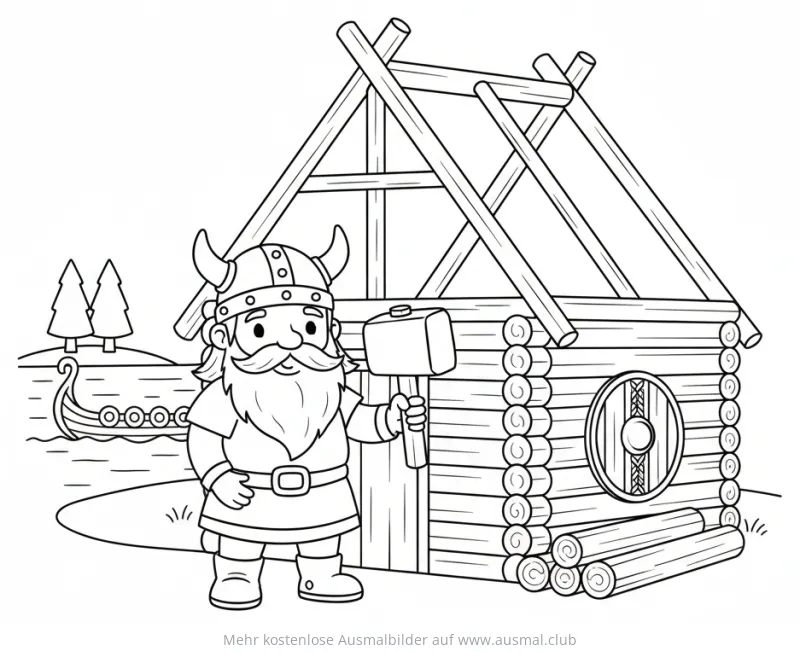 Wikinger beim Hausbau Ausmalbild mit Wikingerschiff im Hintergrund
