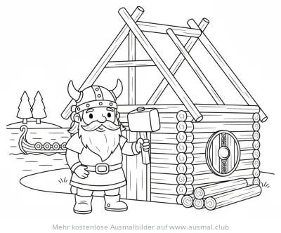 Wikinger beim Hausbau Ausmalbild mit Wikingerschiff im Hintergrund