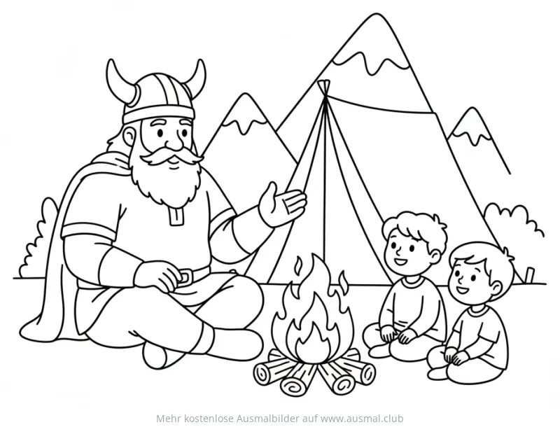 Wikinger erzählt Kindern Geschichten am Lagerfeuer Ausmalbild
