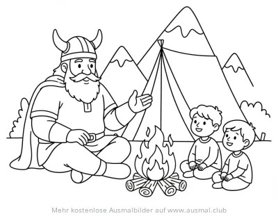 Wikinger erzählt Kindern Geschichten am Lagerfeuer Ausmalbild