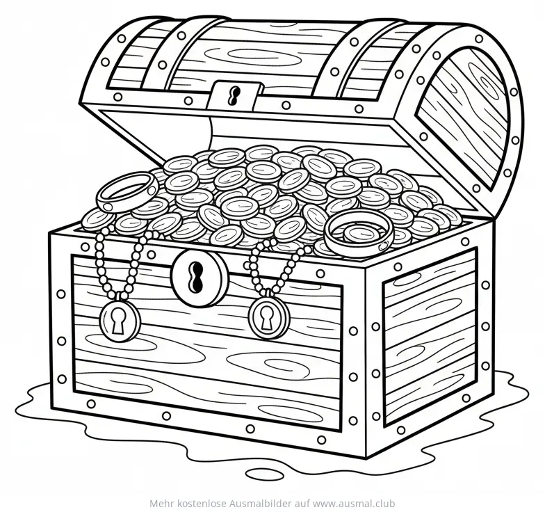 Schatzkiste gefüllt mit Gold, Ringen und Halsketten Ausmalbild