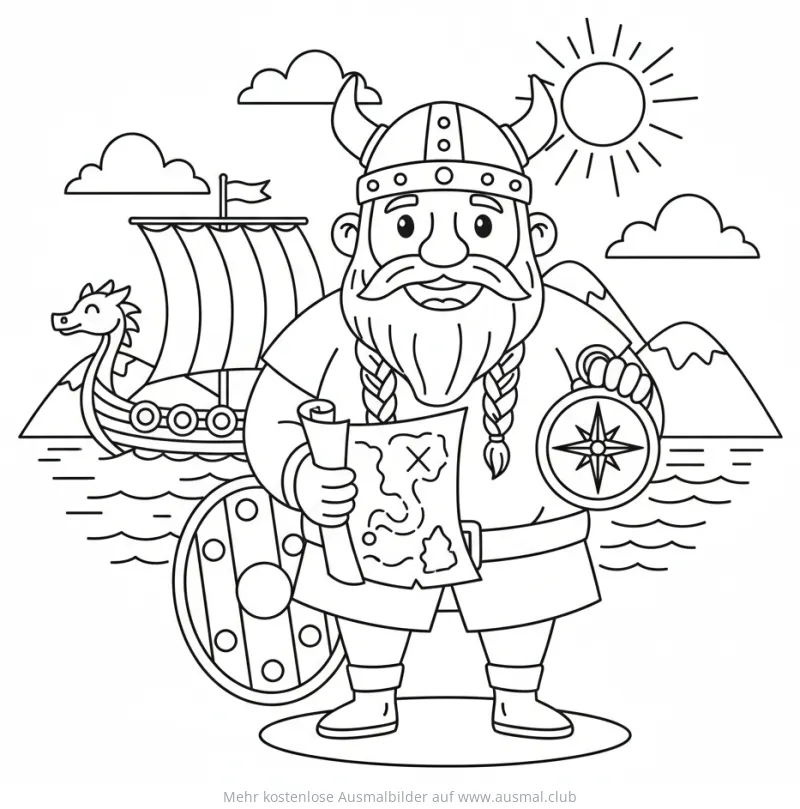 Wikinger mit Karte, Kompass und Schiff Ausmalbild