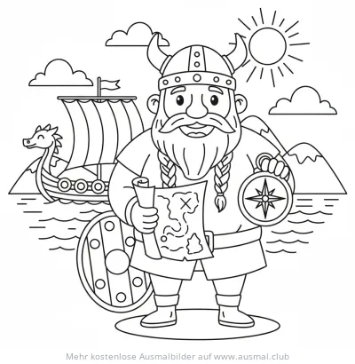 Wikinger mit Karte, Kompass und Schiff Ausmalbild