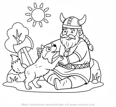 Wikinger sitzt mit Wolf Ausmalbild