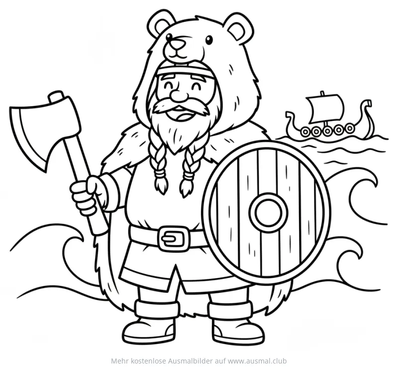 Wikinger mit Bärenfellmütze, Axt und Schild Ausmalbild