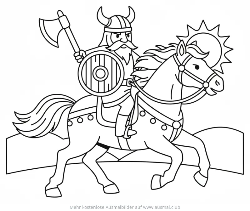 Wikinger mit Axt und Schild auf Pferd Ausmalbild
