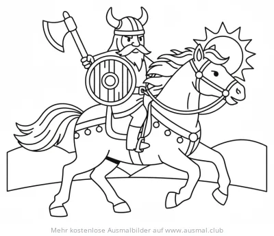 Wikinger mit Axt und Schild auf Pferd Ausmalbild