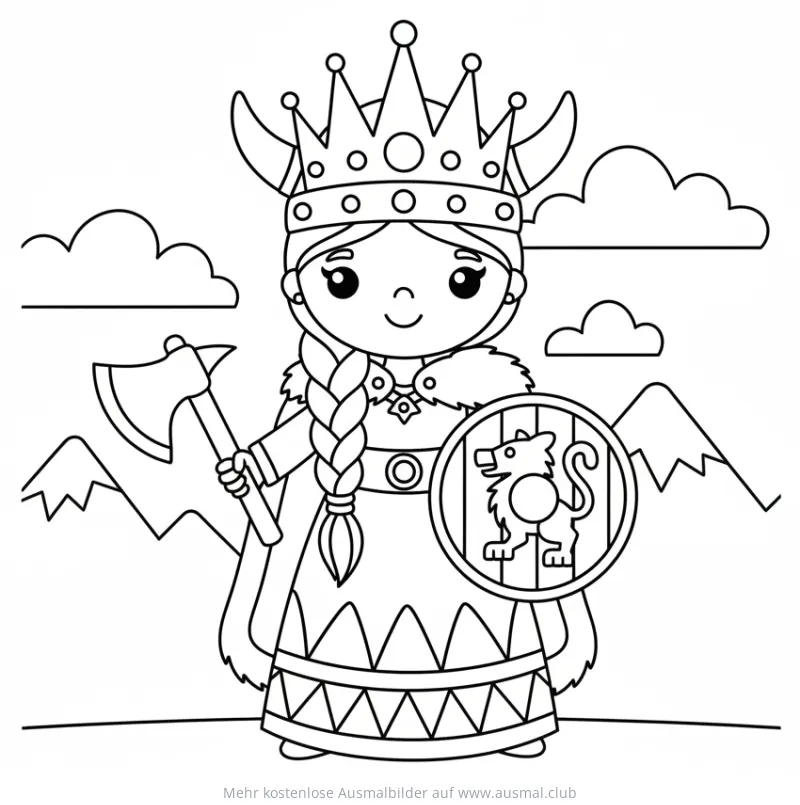 Wikinger Königin mit Krone, Axt und Schild Ausmalbild
