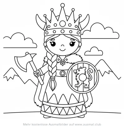 Wikinger Königin mit Krone, Axt und Schild Ausmalbild