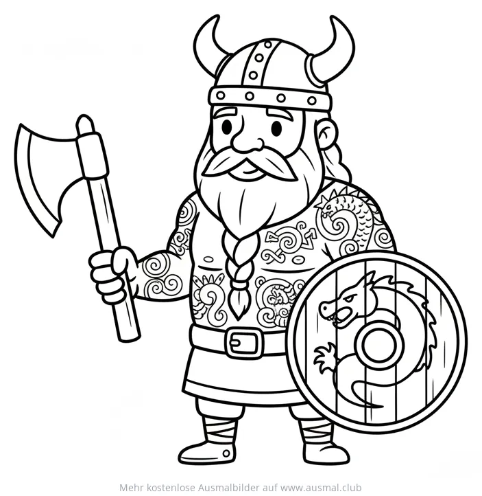 Wikinger mit Axt, Schild und Tattoo Ausmalbild