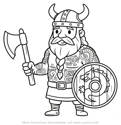 Wikinger mit Axt, Schild und Tattoo Ausmalbild
