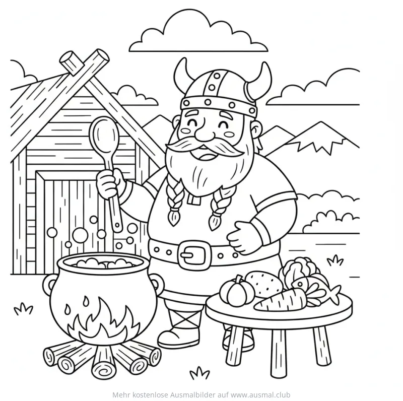 Wikinger kocht am Lagerfeuer Ausmalbild