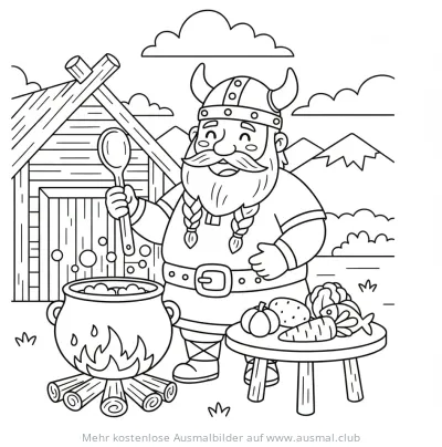 Wikinger kocht am Lagerfeuer Ausmalbild