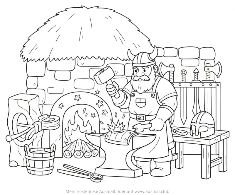 Wikinger Schmied arbeitet am Amboss Ausmalbild