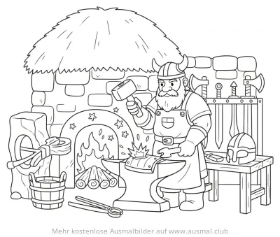 Wikinger Schmied arbeitet am Amboss Ausmalbild