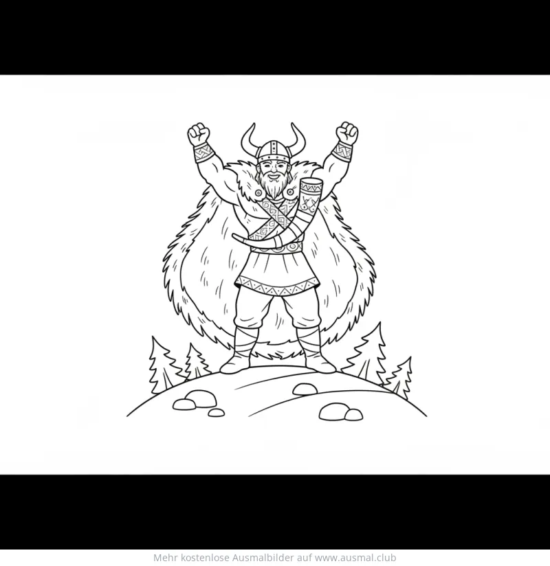 Wikinger mit erhobenen Armen auf Hügel Ausmalbild