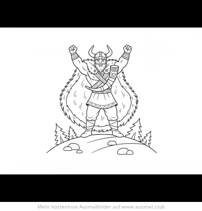 Wikinger mit erhobenen Armen auf Hügel Ausmalbild