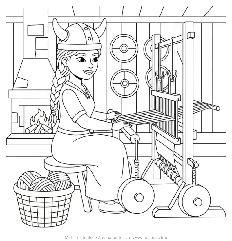 Wikingerin webt am Webstuhl Ausmalbild