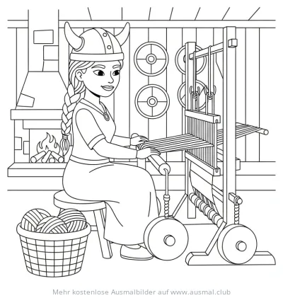 Wikingerin webt am Webstuhl Ausmalbild