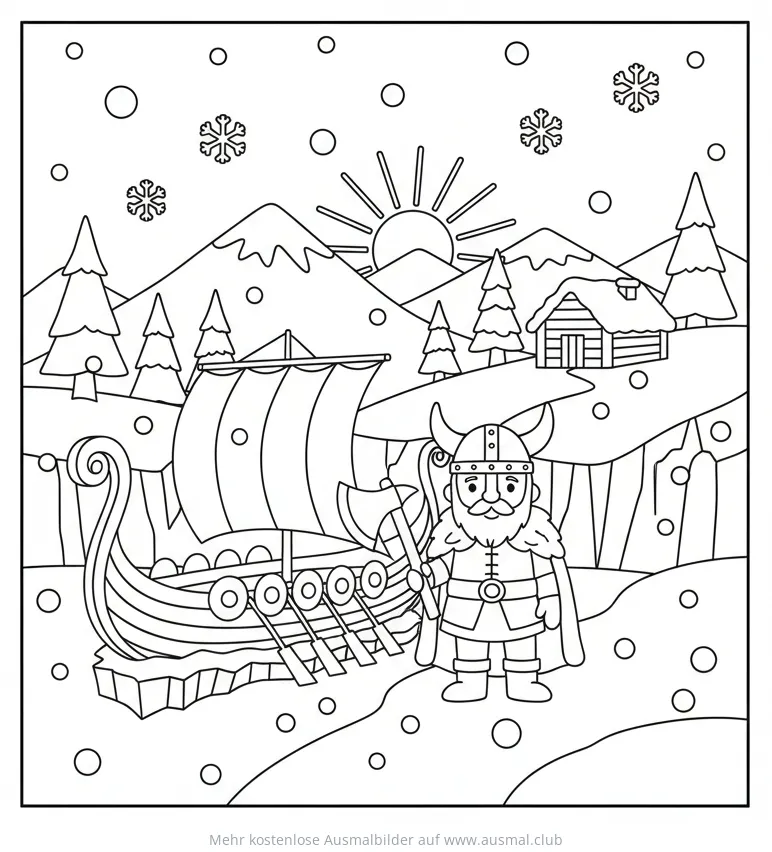 Wikinger mit Langschiff in verschneiter Winterlandschaft Ausmalbild