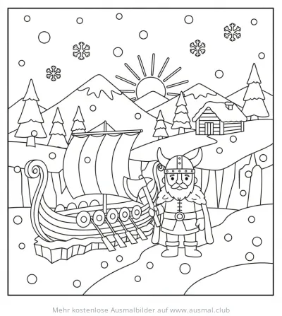Wikinger mit Langschiff in verschneiter Winterlandschaft Ausmalbild