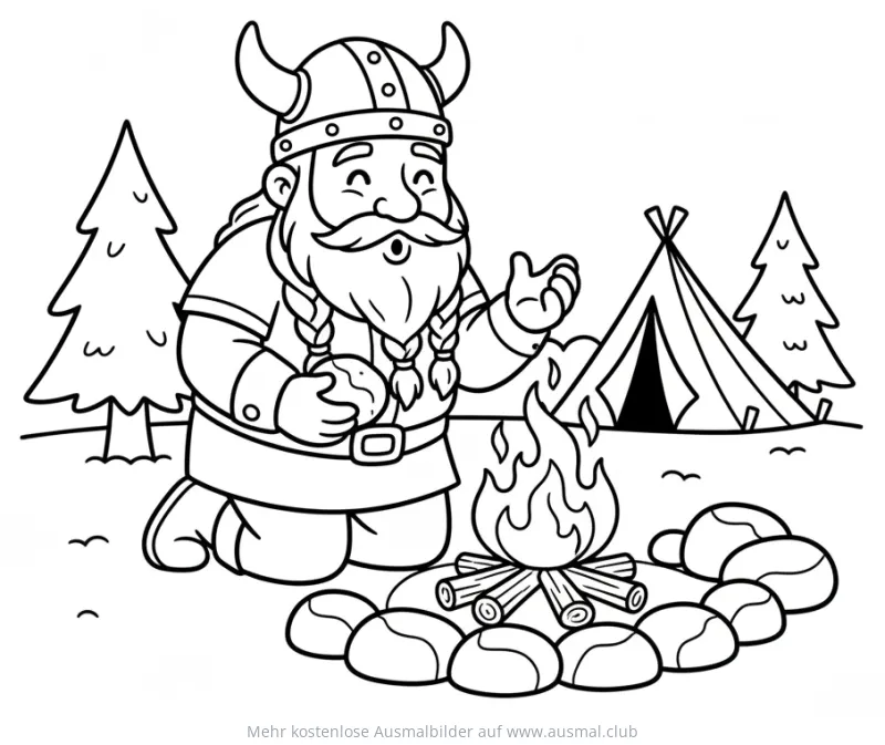 Wikinger mit Helm am Lagerfeuer vor Zelt Ausmalbild