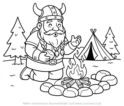 Wikinger mit Helm am Lagerfeuer vor Zelt Ausmalbild