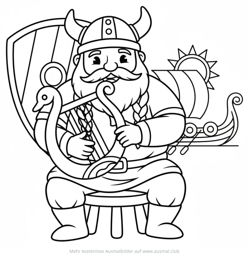 Wikinger spielt Harfe Ausmalbild mit Schiff im Hintergrund