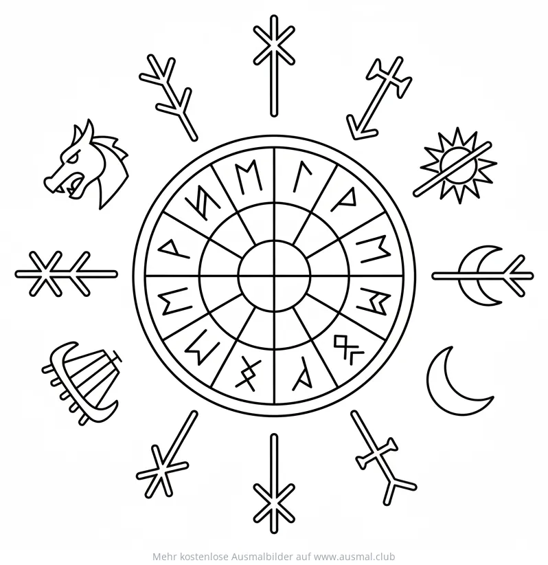 Wikinger Kalender mit Runen und Symbolen Ausmalbild
