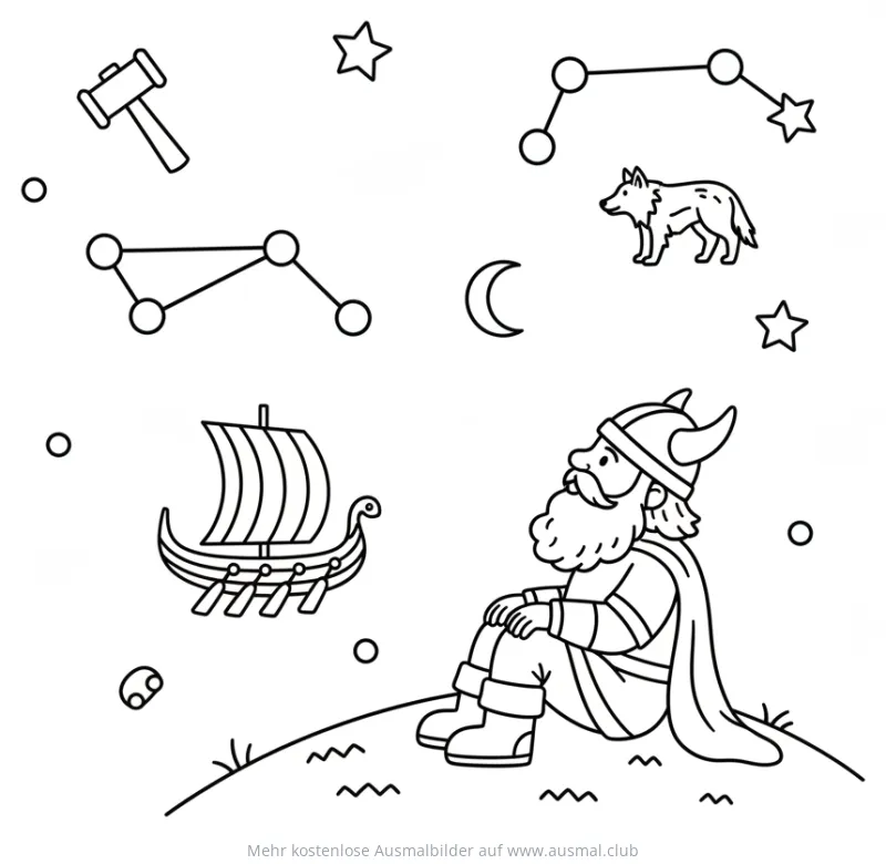 Wikinger mit Schiff und Sternen Ausmalbild
