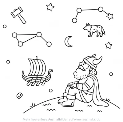 Wikinger mit Schiff und Sternen Ausmalbild