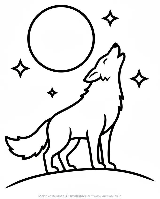 Heulender Wolf vor Mond und Sternen Ausmalbild