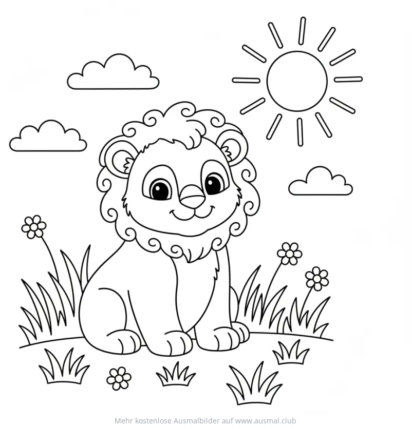 Niedlicher Löwenwelpe Ausmalbild in sonniger Landschaft