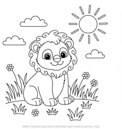 Niedlicher Löwenwelpe Ausmalbild in sonniger Landschaft