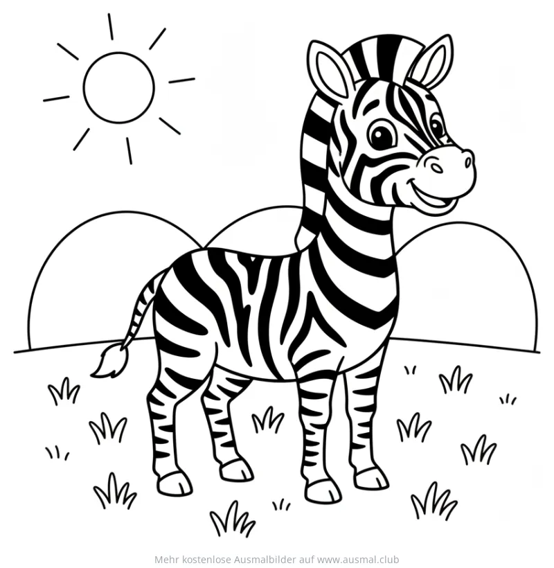 Zebra Ausmalbild auf Wiese mit Sonne und Hügeln